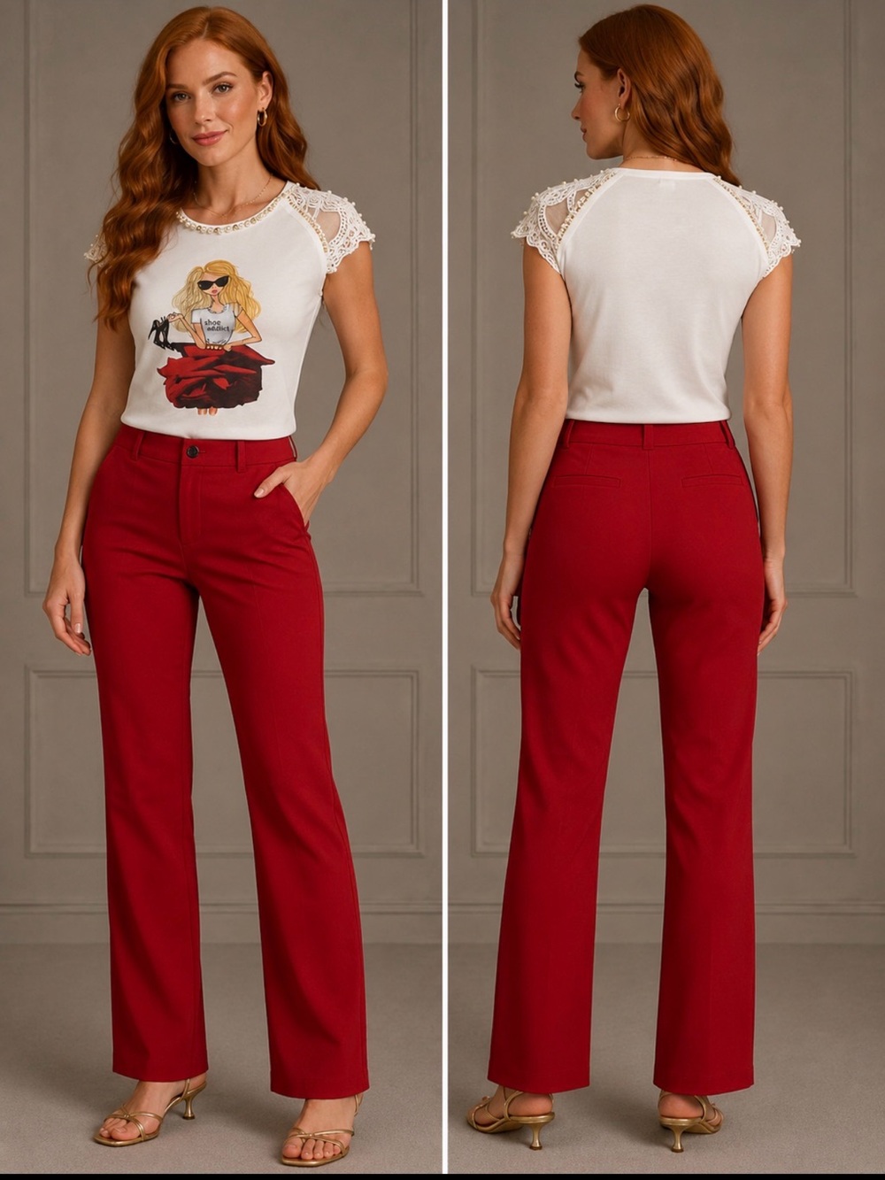 Chic White Graphic Tee with Lace Sleeves